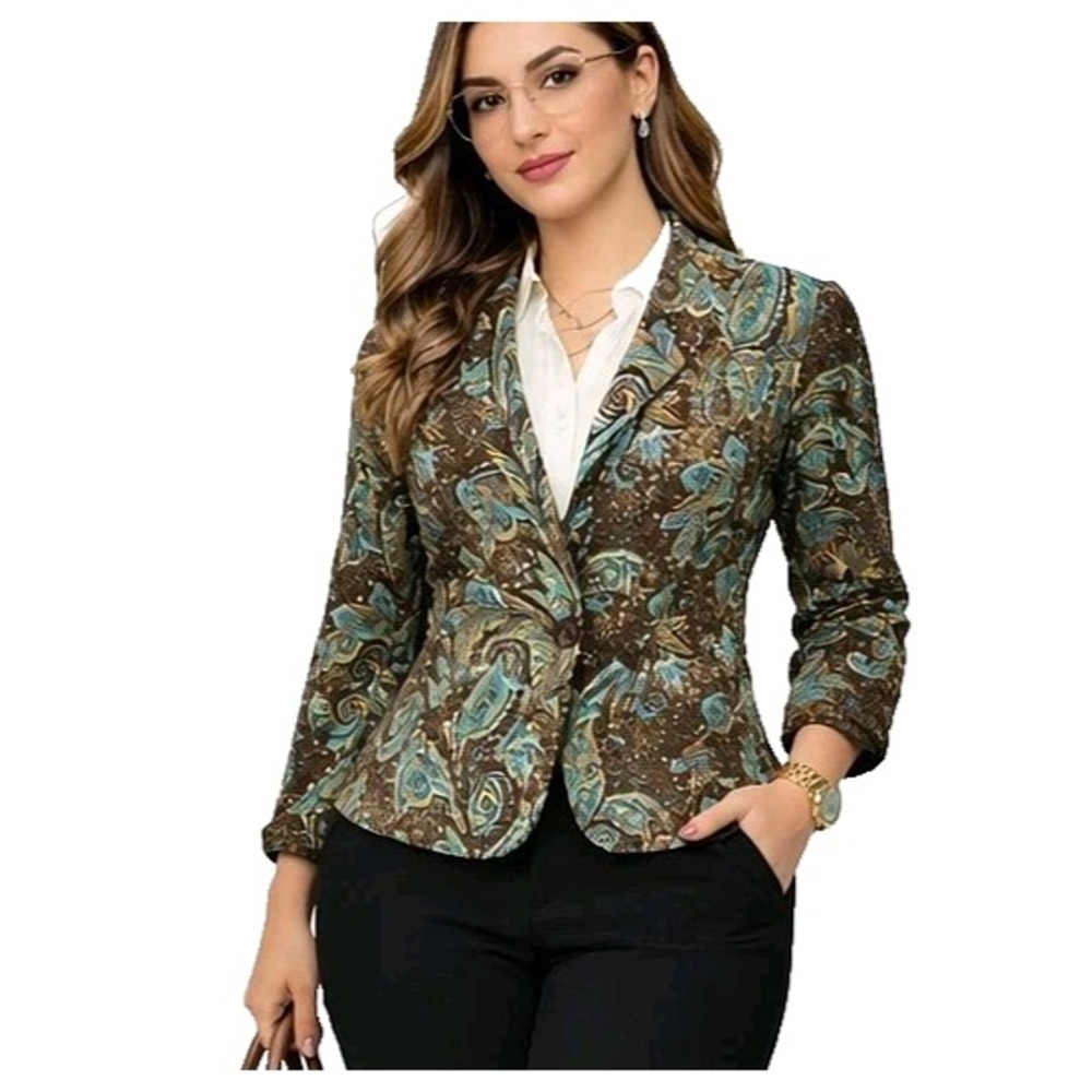 DALIA Size 10 Pinwale Corduroy Brown Paisley Two Button Structured Office Blazer - Picture 2 of 13